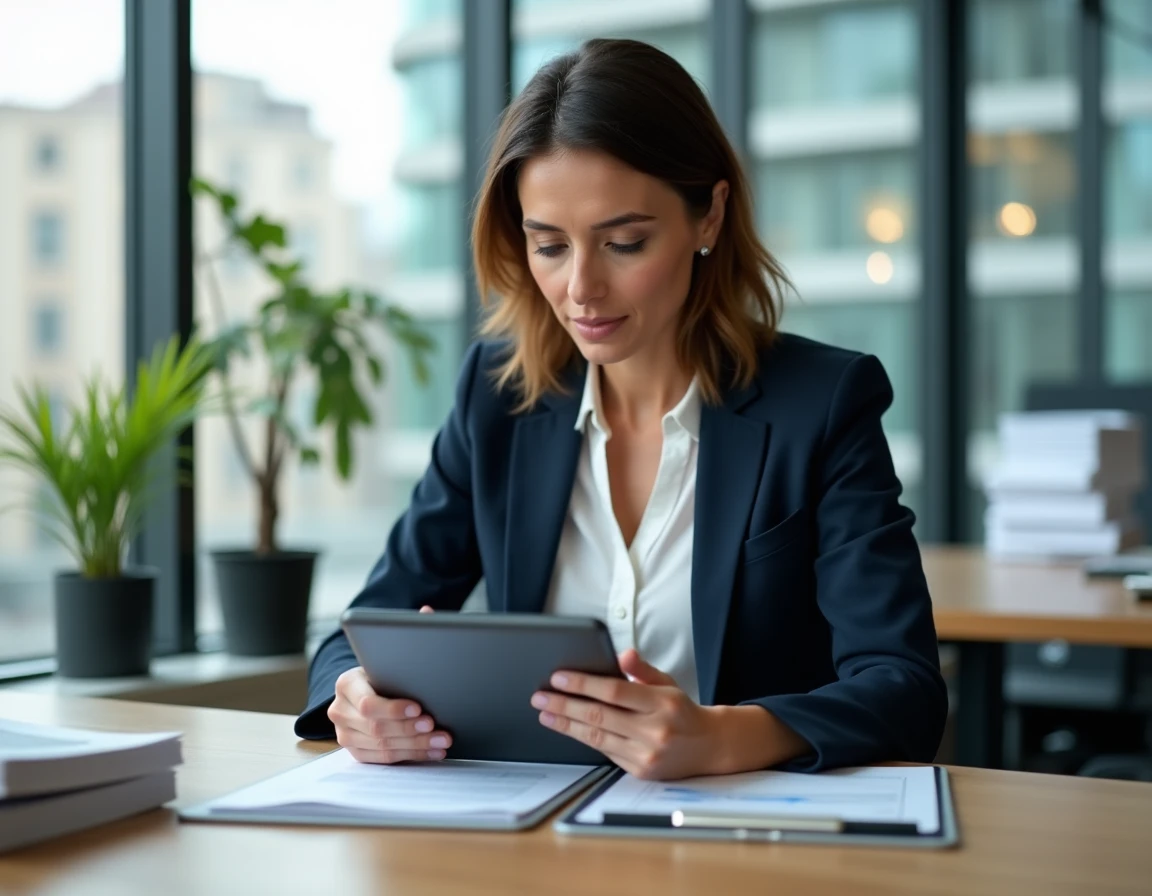 Dirigeante de PME consultant les actualités économiques sur une tablette dans un bureau moderne