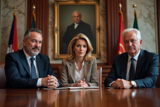 Trois adultes autour d'une table avec symboles de démocratie et monarchie