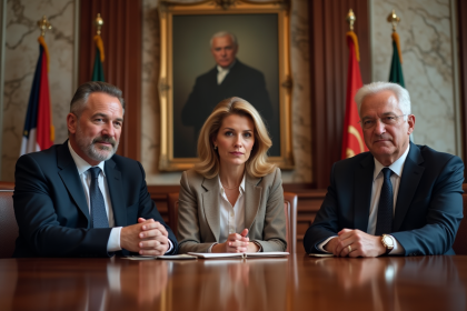 Trois adultes autour d'une table avec symboles de démocratie et monarchie