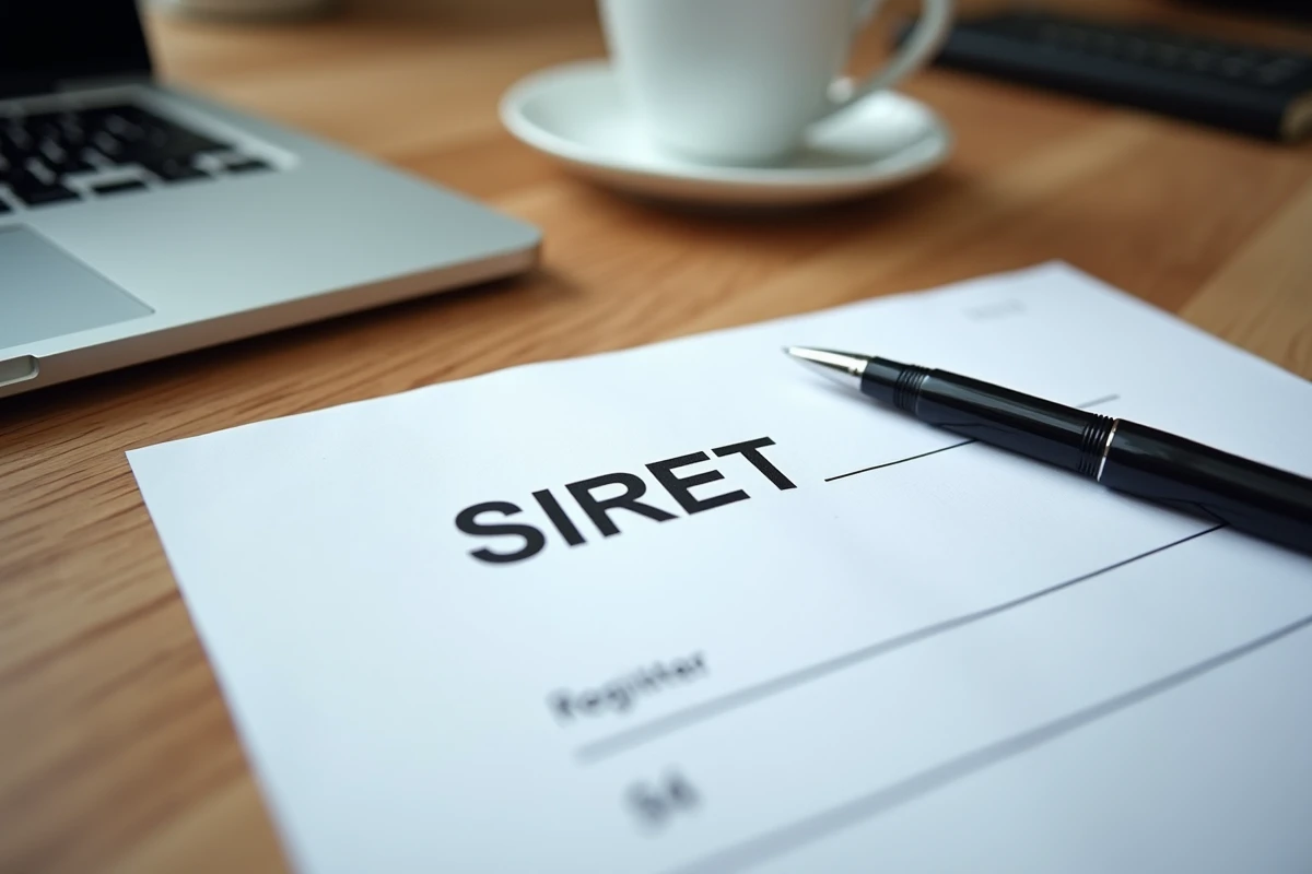 Gros plan d'un document officiel avec numéro SIRET sur un bureau en bois pour auto-entrepreneur