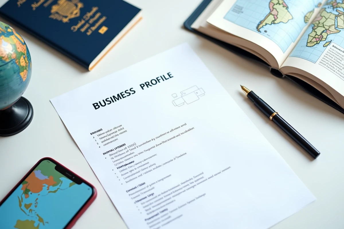 Vue aérienne d'un bureau professionnel avec des documents d'identifiant mondial DUNS et des objets symbolisant le commerce international