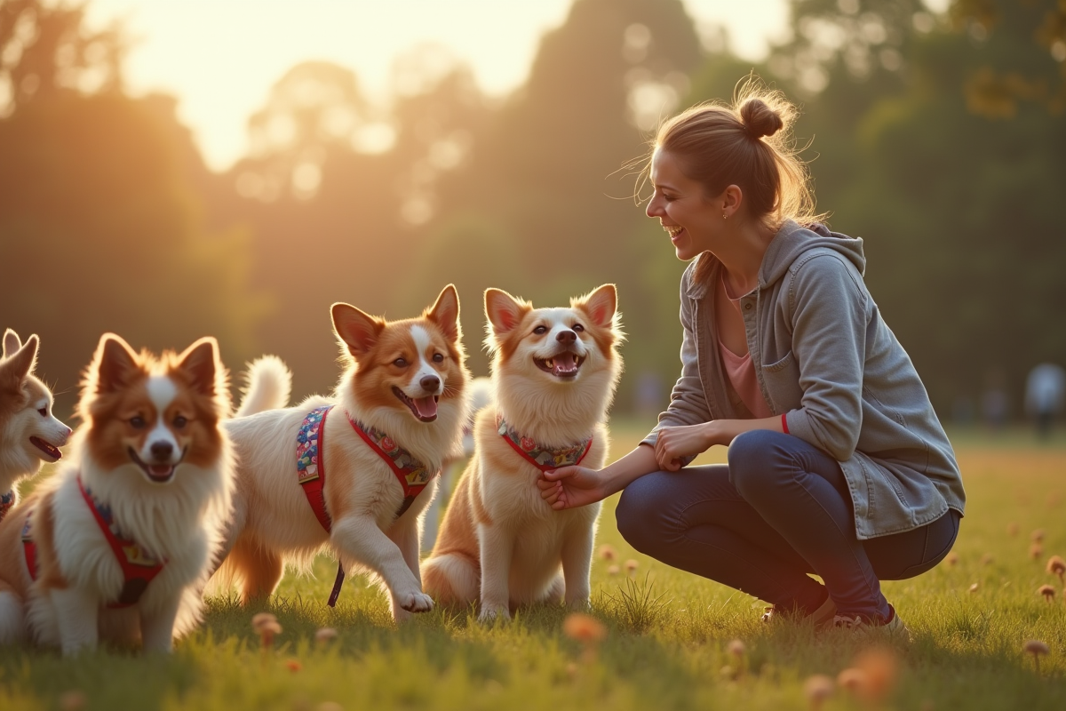 Dresseur de chiens avec animaux en accessoires dans un espace extérieur