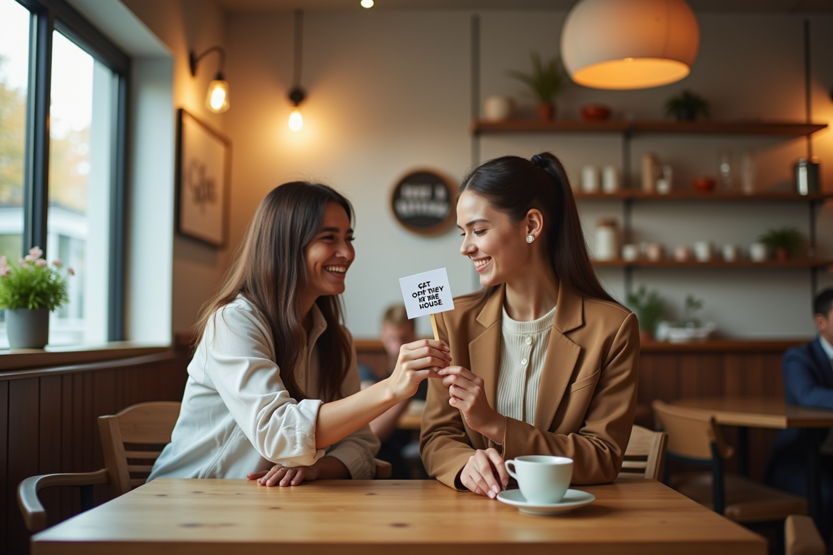 Deux personnes dans un café échangeant des échantillons gratuits