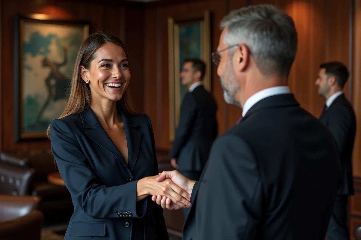 Deux dirigeants échangeant une carte de visite lors d'un cercle de networking B2B haut de gamme