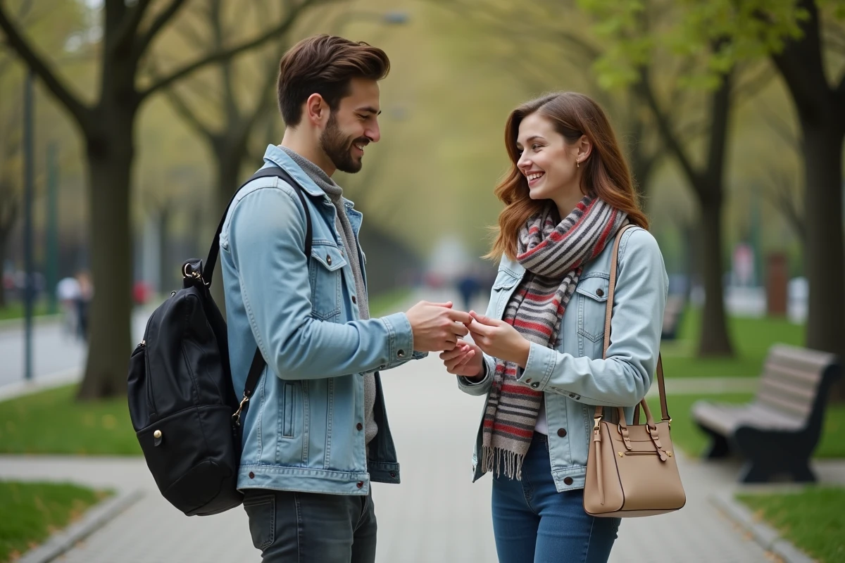 Une jeune femme échange un sac de seconde main dans un parc urbain