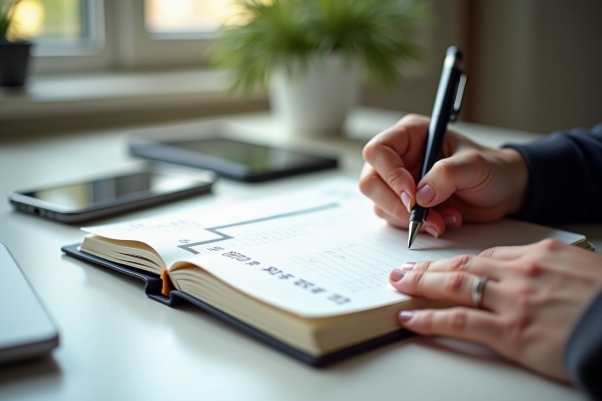 Main écrivant une liste dans un planner lumineux