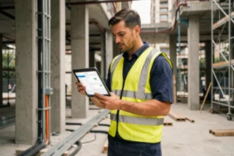 Électricien sur chantier BTP consultant un tableau de bord de gestion de projets sur tablette numérique