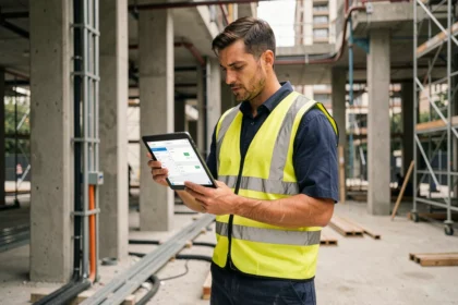 Électricien sur chantier BTP consultant un tableau de bord de gestion de projets sur tablette numérique