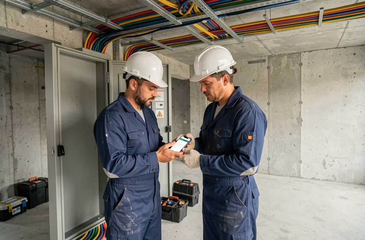 Deux électriciens BTP collaborant sur smartphone devant un tableau de distribution électrique sur chantier