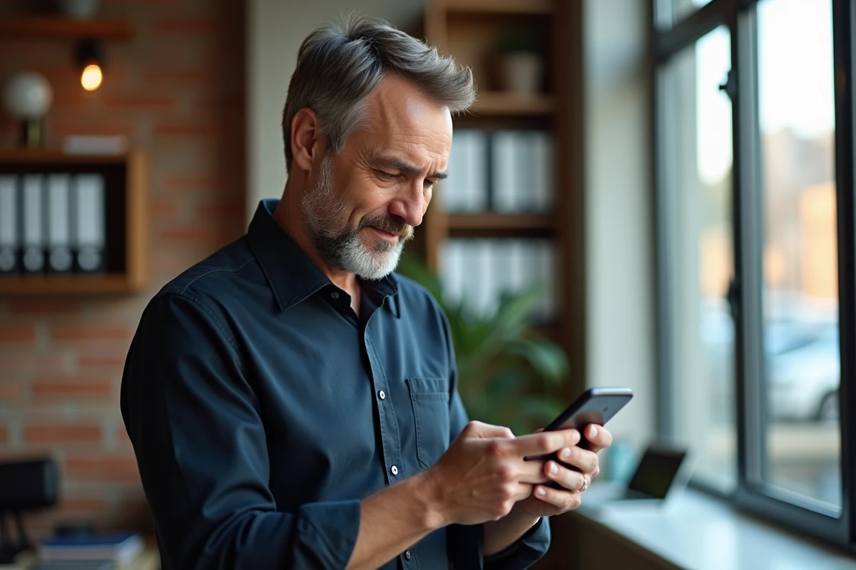 Employé consultant un document RH sur smartphone dans un espace de coworking moderne