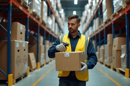 Employé d'entrepôt Kuehne Nagel scannant un colis sur les étagères d'un centre logistique
