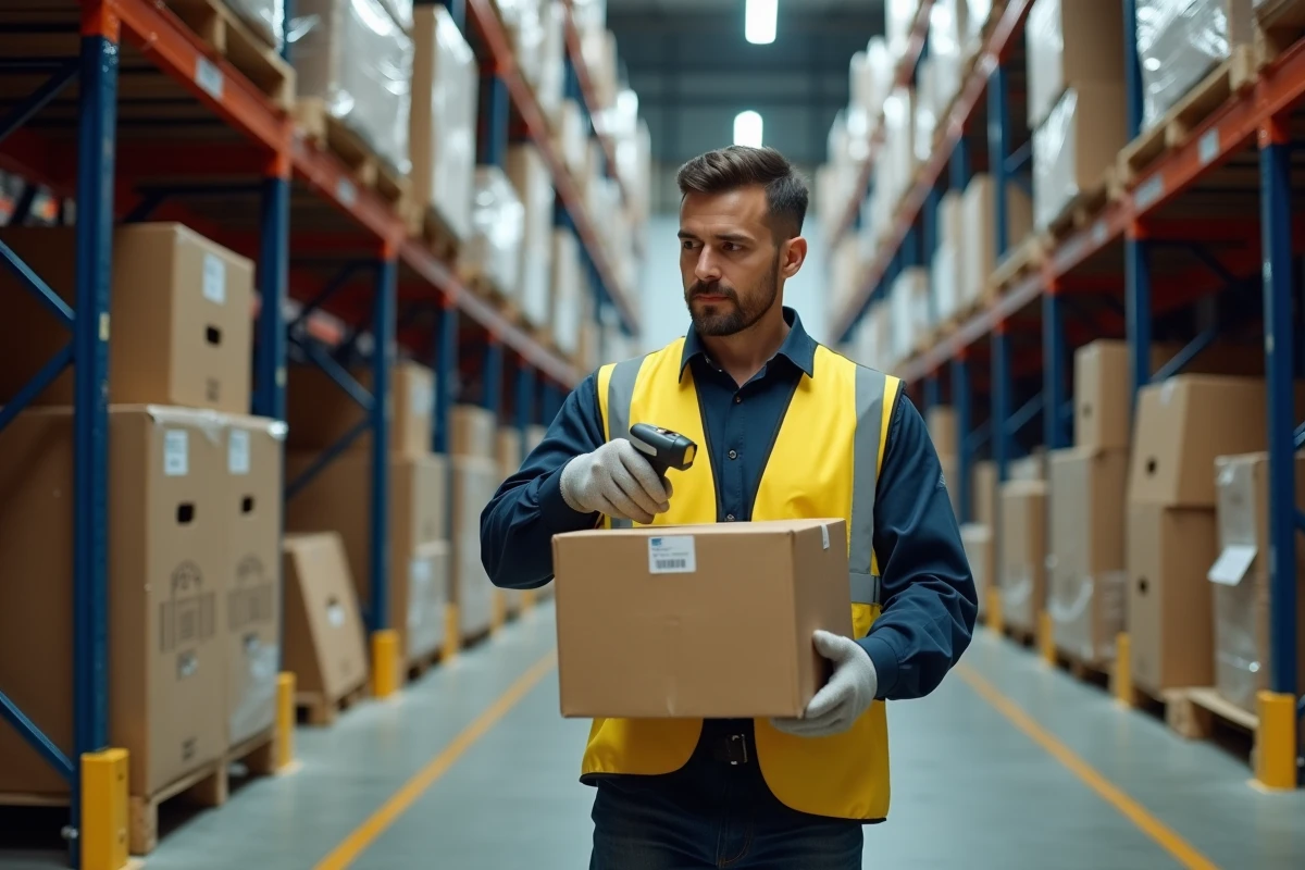 Employé d'entrepôt Kuehne Nagel scannant un colis sur les étagères d'un centre logistique