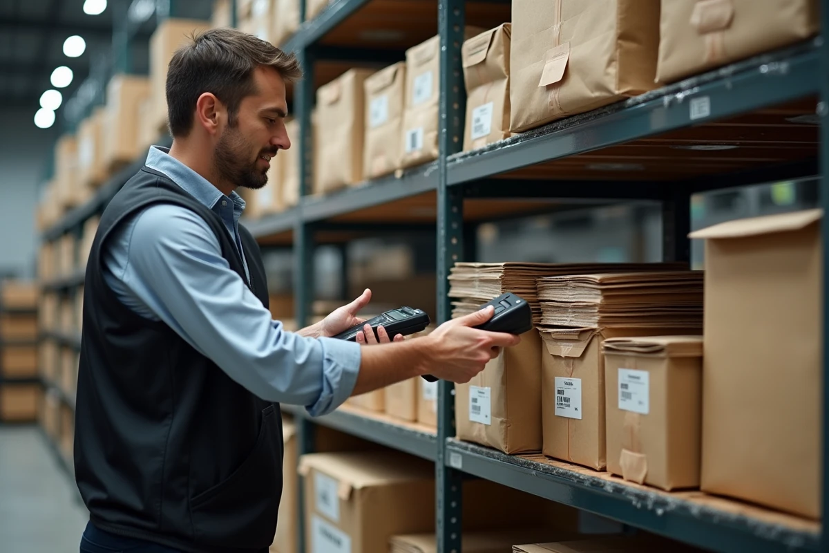 Employé de multiservices préparant des colis pour expédition dans un espace logistique à Rennes