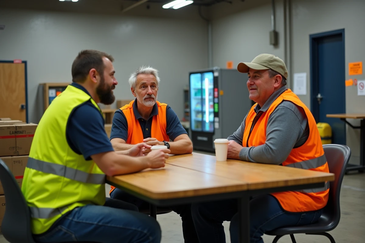Groupe d'employés d'entrepôt Kuehne Nagel en pause dans la salle de repos d'un centre logistique