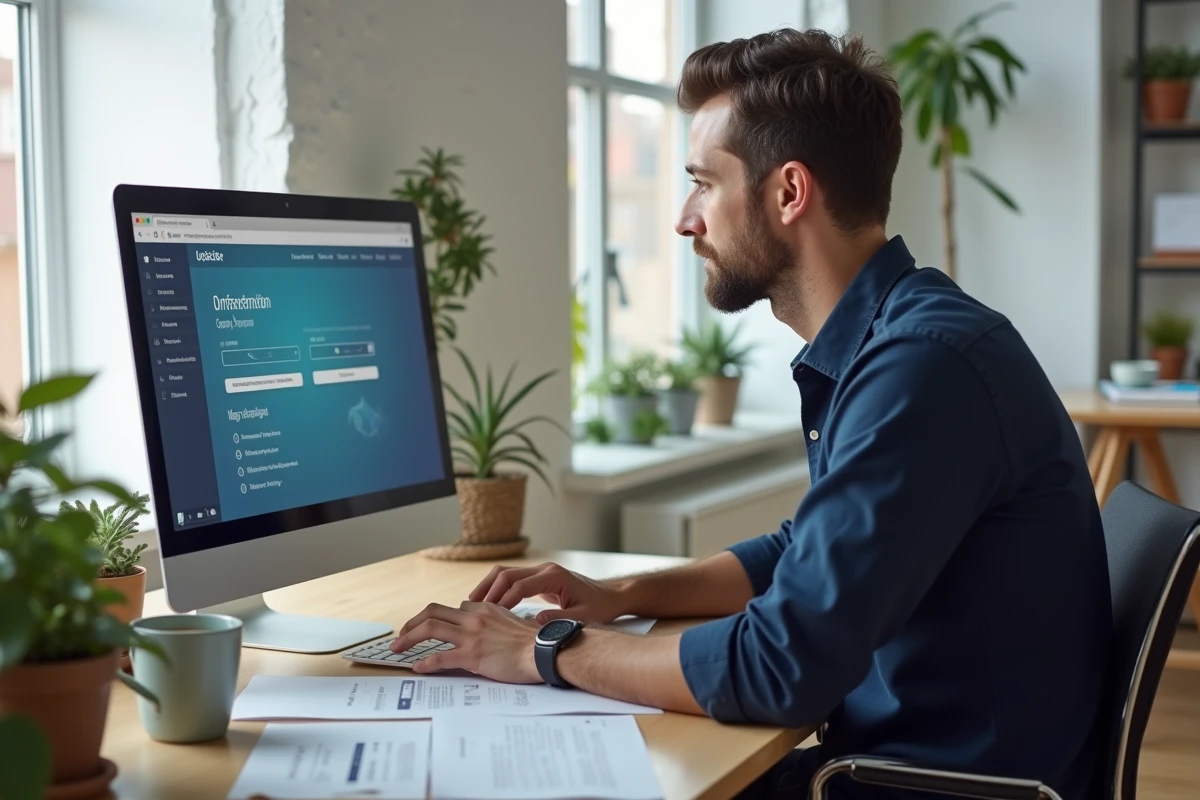 Employeur qui effectue une déclaration de salarié sur le portail Urssaf depuis son bureau à domicile