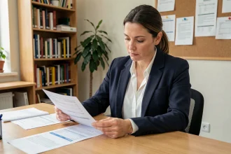 Enseignante de l'Éducation Nationale examinant sa fiche de paye avec attention dans un bureau administratif scolaire