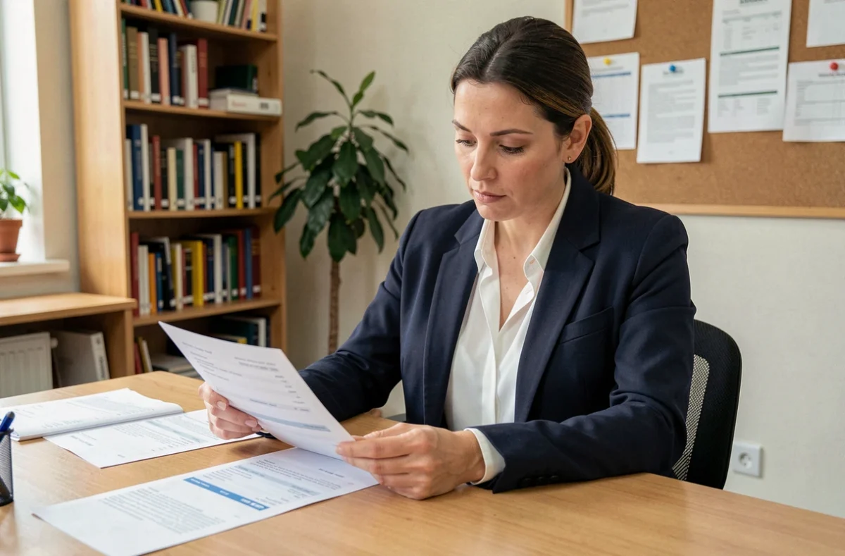 Enseignante de l'Éducation Nationale examinant sa fiche de paye avec attention dans un bureau administratif scolaire