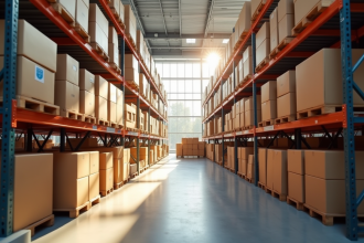 Rayonnages d'entrepôt avec cartons organisés pour illustrer les coûts de stockage