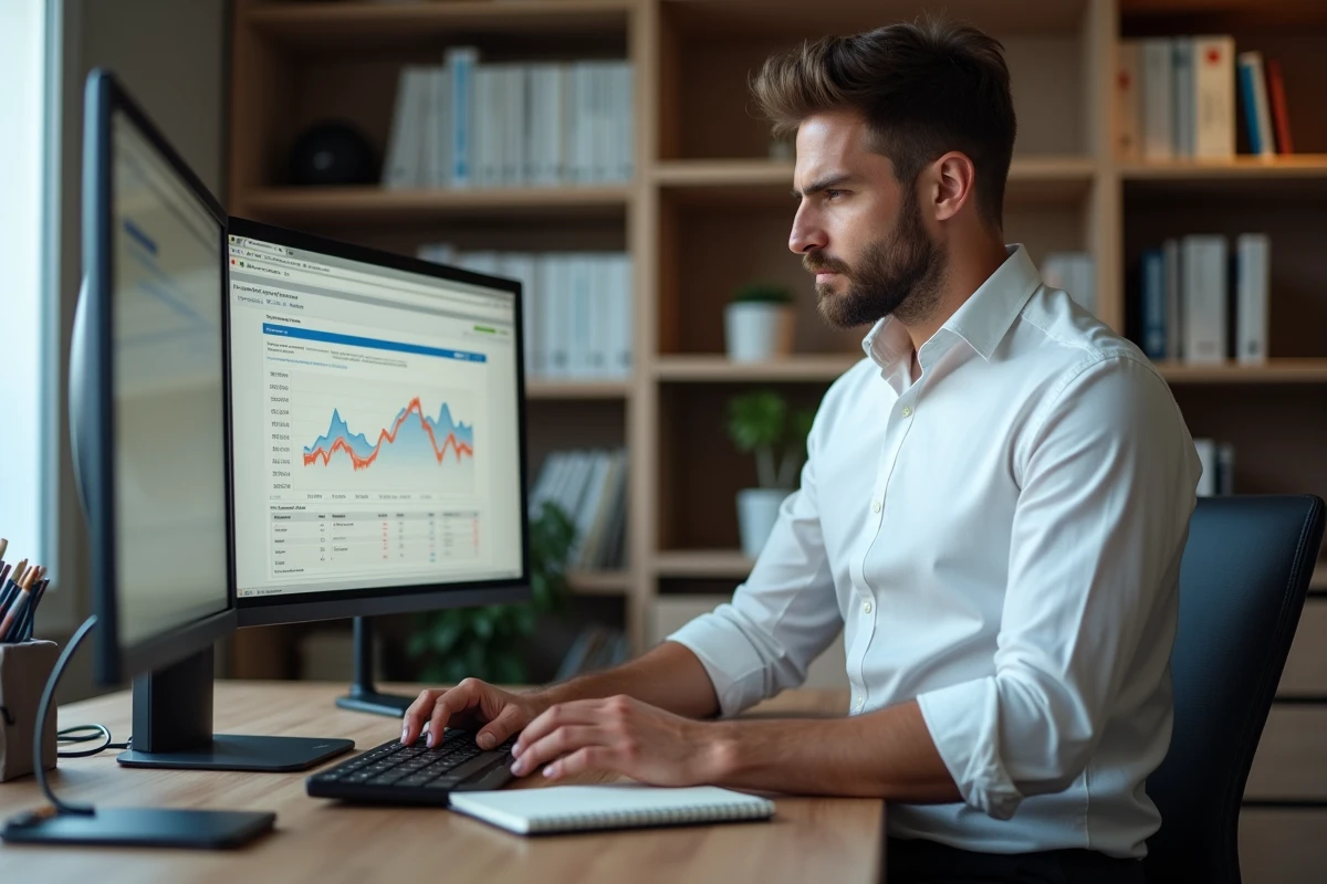 Entrepreneur analysant les performances financières sur une plateforme de données depuis son bureau à domicile