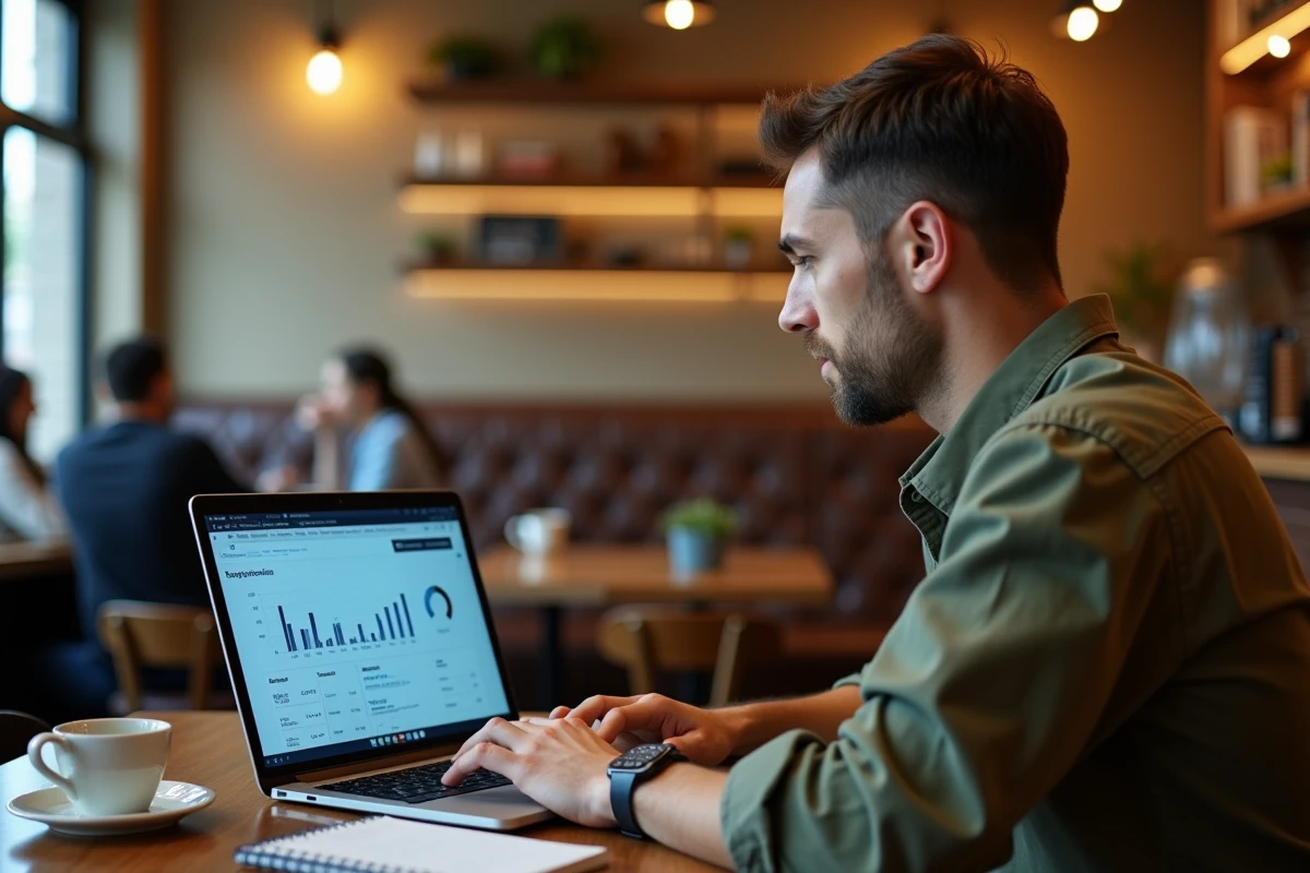 Entrepreneur consultant analysant un tableau de bord financier sur ordinateur portable dans un café, évaluant les vrais gains et coûts cachés de Koivaninbez