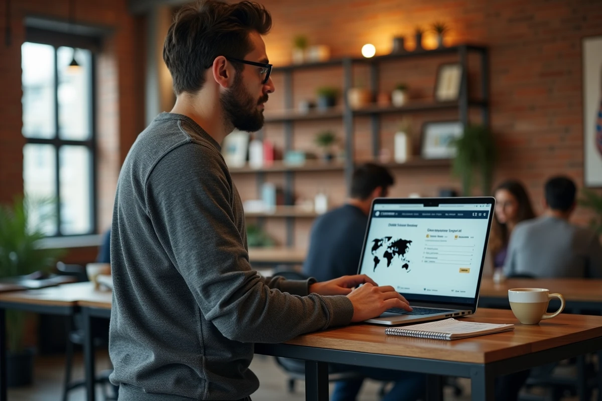 Entrepreneur masculin recherchant un identifiant DUNS sur un ordinateur portable dans un espace de coworking moderne