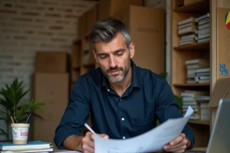 Entrepreneur roumain travaillant dans son bureau modeste, entouré de documents et d'un ordinateur portable, symbolisant les débuts d'une entreprise locale