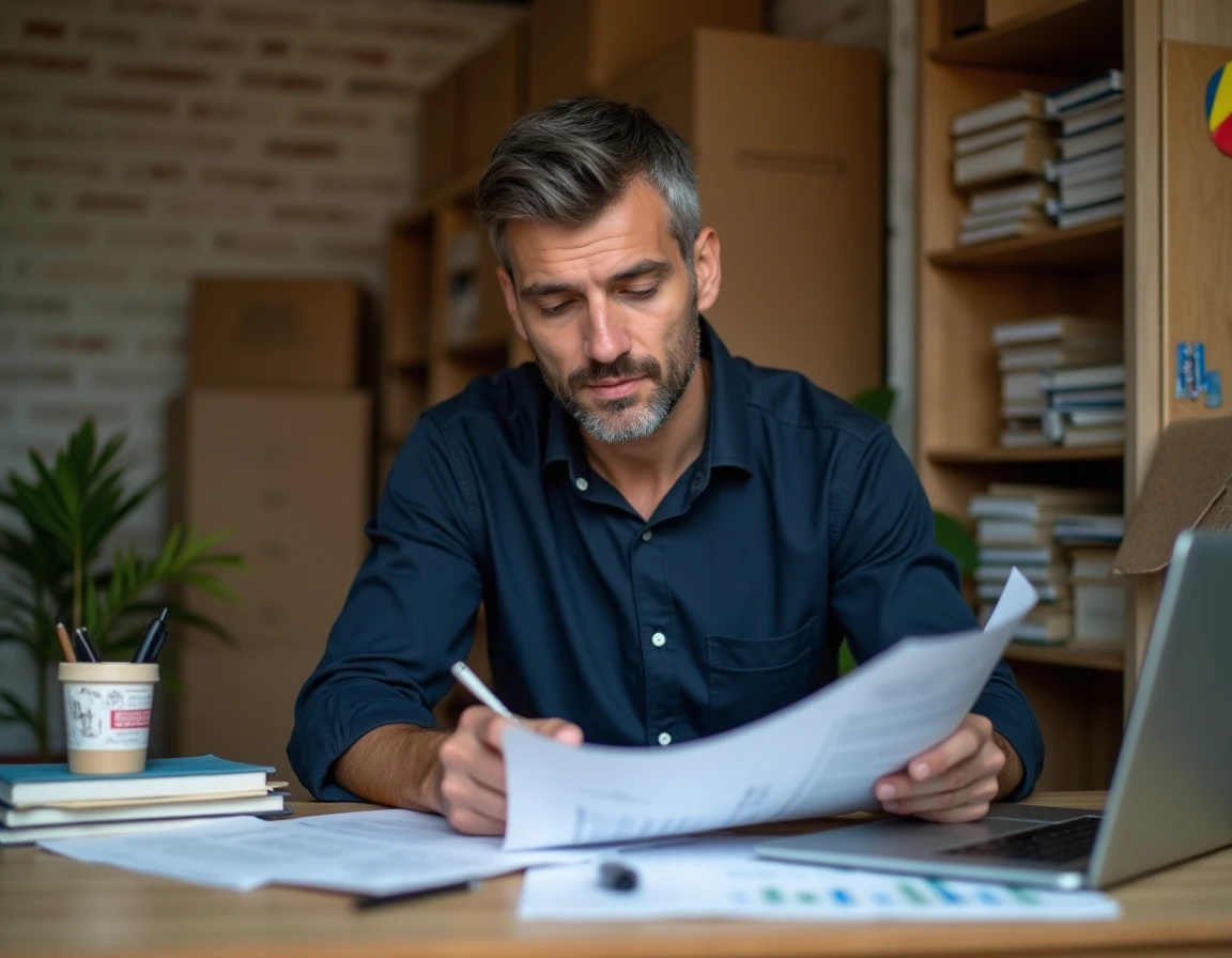 Entrepreneur roumain travaillant dans son bureau modeste, entouré de documents et d'un ordinateur portable, symbolisant les débuts d'une entreprise locale