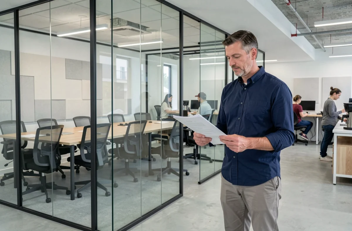 Entrepreneur consultant consultant debout devant une salle de réunion vitrée dans un coworking professionnel de Lille