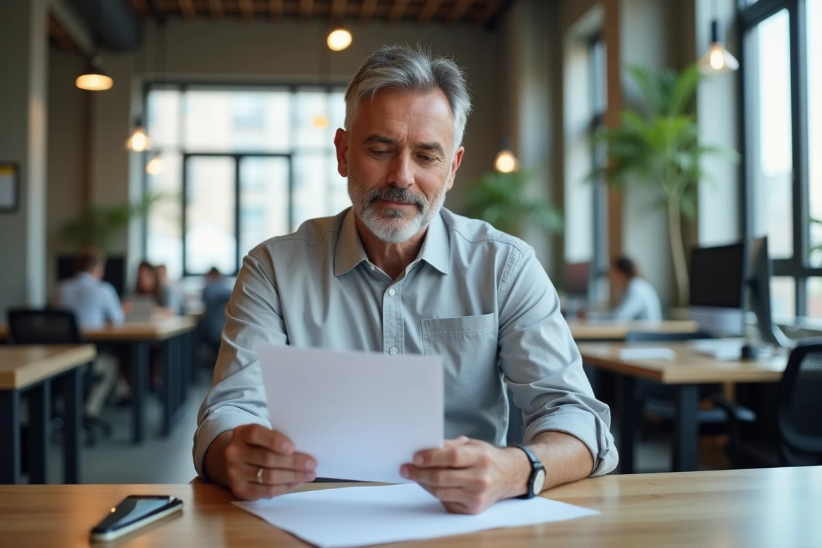 Entrepreneur vérifiant un document SIRET avec son smartphone dans un espace de coworking