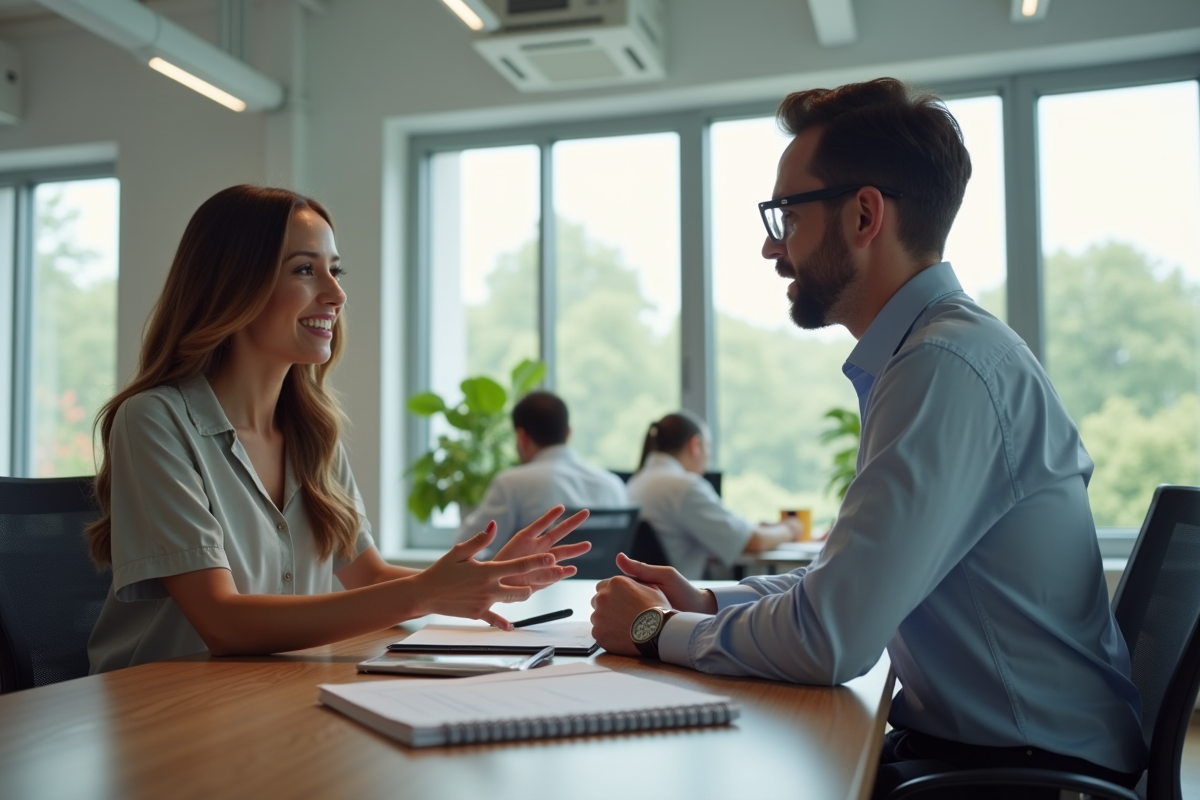 Manager donnant un feedback constructif à un employé à un bureau ensoleille