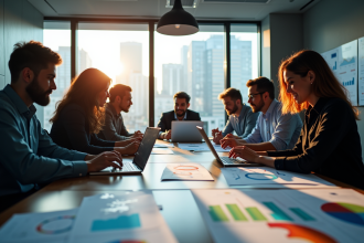 Équipe concentrée analysant des données de campagne colorées