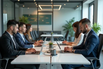 Groupe de professionnels en r&eacute;union de travail moderne