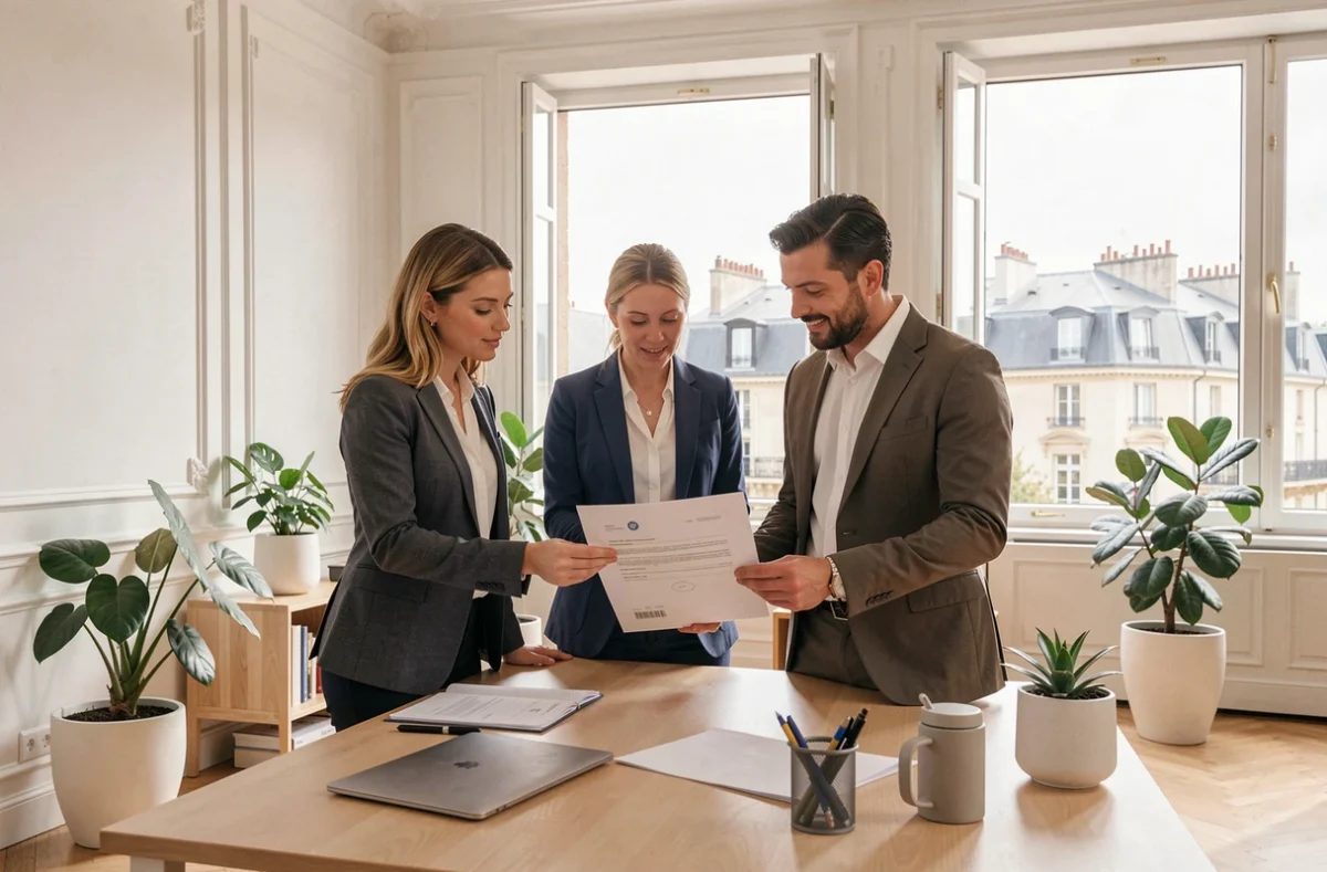 Équipe de consultants en portage salarial examinant un contrat dans un bureau moderne de Versailles