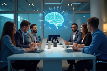 Groupe de professionnels discutant autour d'une table avec hologramme cerveau