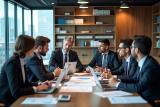 Groupe de gestionnaires de projets en réunion moderne