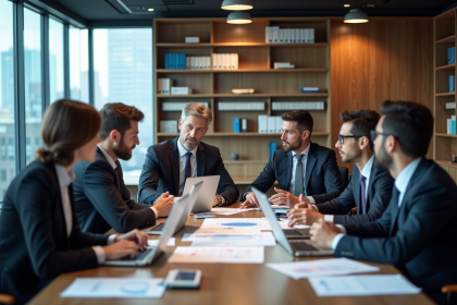 Groupe de gestionnaires de projets en réunion moderne