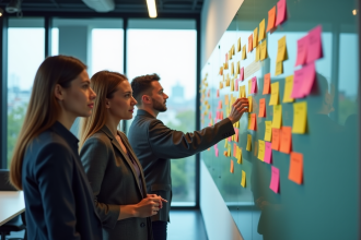 Groupe de professionnels collaborant dans un bureau lumineux