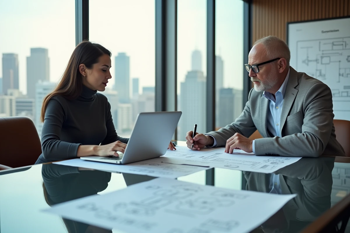 Deux professionnels IT analysant une architecture de supervision centralisée autour d'un plan réseau en salle de réunion