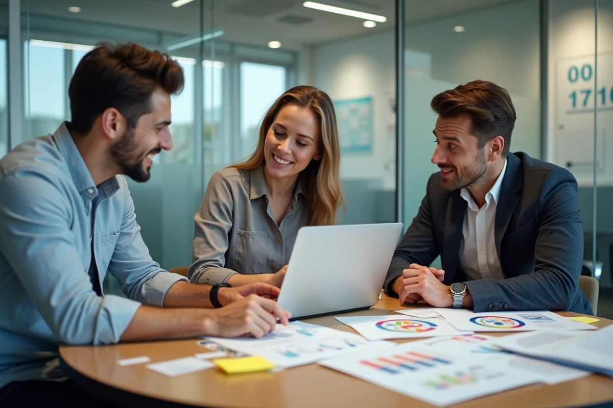 Équipe marketing collaborative discutant autour d'outils IA pour optimiser la productivité et réduire les délais