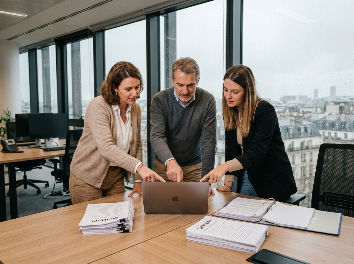 Équipe d'un organisme de formation collaborant sur les critères de certification Qualiopi avant un audit en 2026