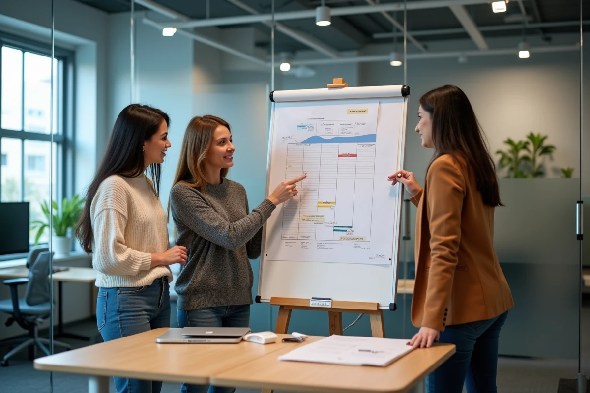 Équipe professionnelle analysant un calendrier de projet pour optimiser les jours ouvrables en 2025 et 2026