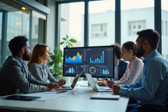 Groupe de professionnels analysant des graphiques en équipe dans un bureau lumineux