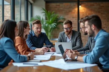 Groupe de professionnels en r&eacute;union dans un bureau moderne