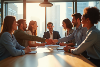 Équipe de professionnels collaborant dans un bureau lumineux