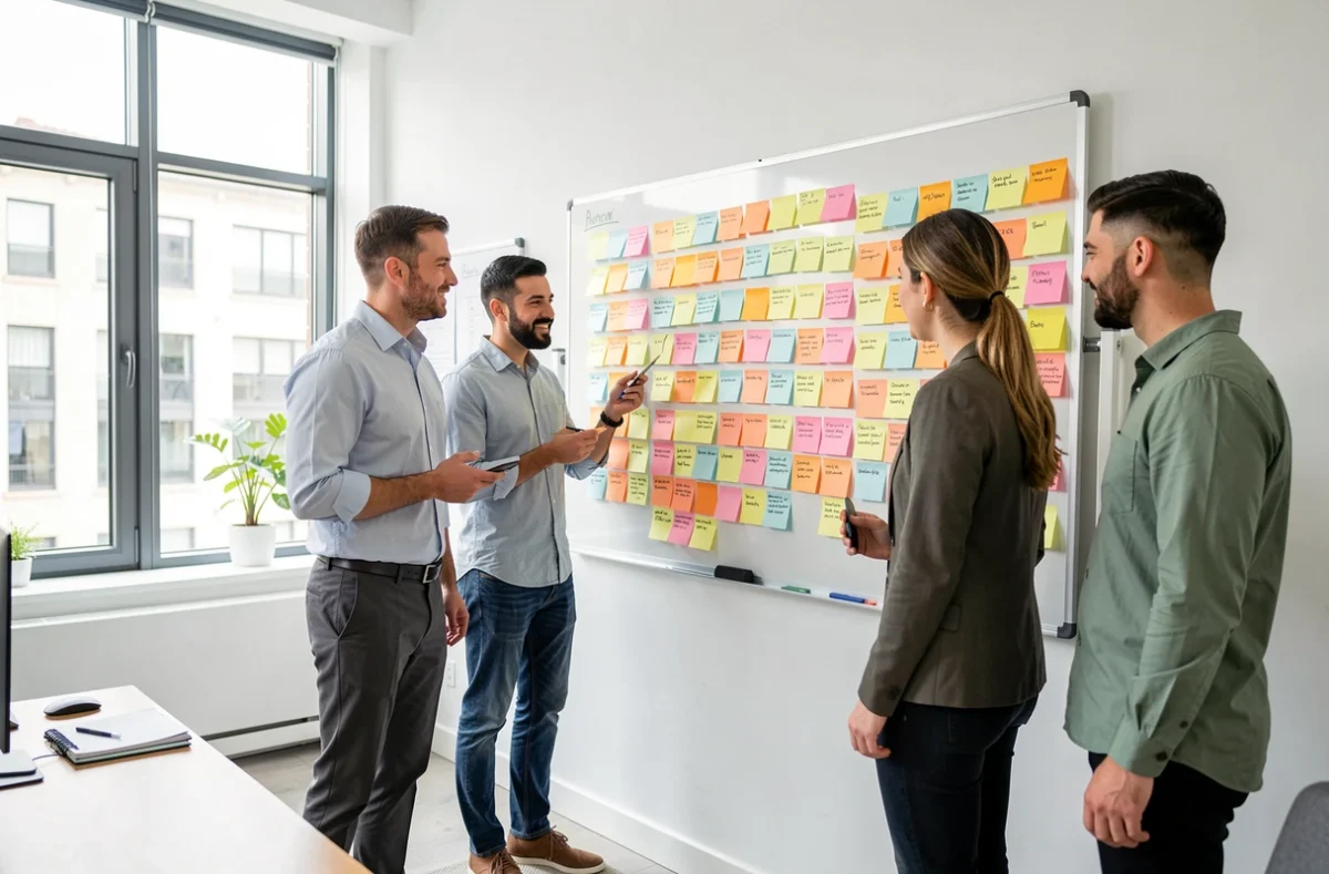 Équipe réunie autour d'un planning mural rempli de notes colorées