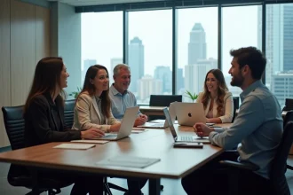 Groupe de professionnels en réunion dans un bureau moderne