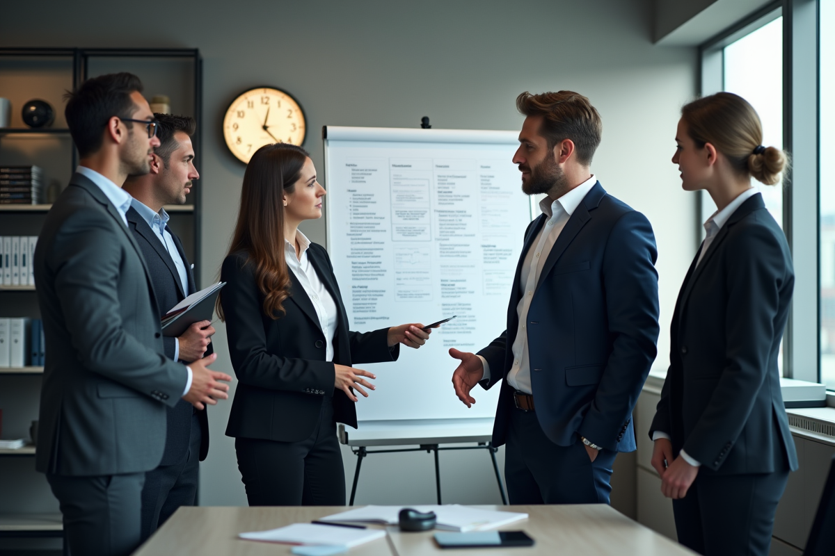 Equipe diverse discutant des processus iso 9001 en réunion