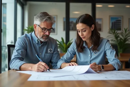 Deux professionnels en r&eacute;union avec plans dans un bureau moderne