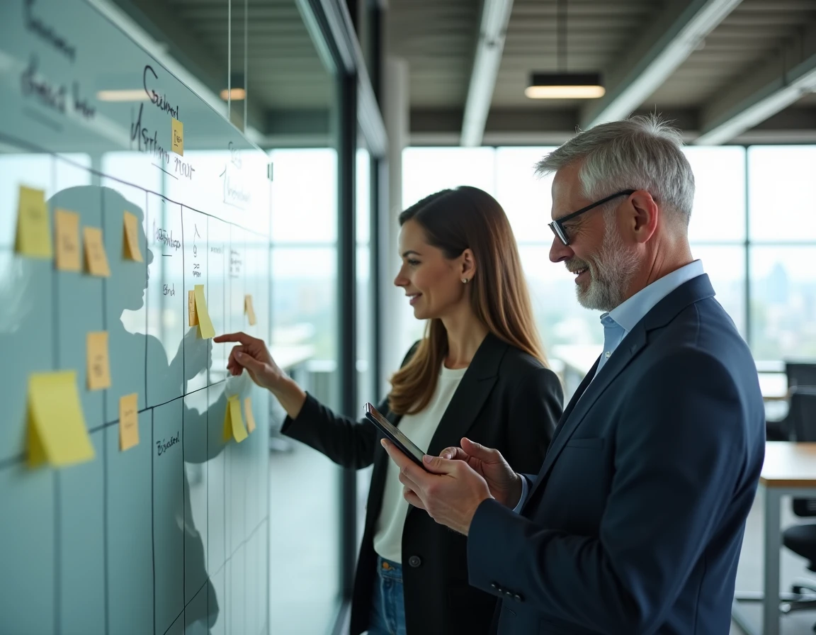 Deux collègues analysant les erreurs de planning Smartbox devant un tableau de planification en espace de coworking