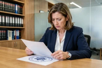 Notaire examinant deux versions du logo officiel des notaires sur des documents imprimés dans une étude moderne